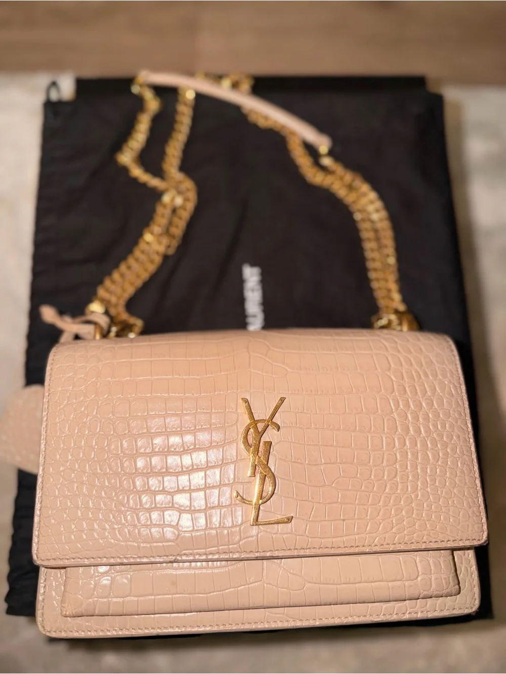 Saint Laurent Sunset Croc-Embossed Leather Chain Shoulder Bag - Picture 2 of 5